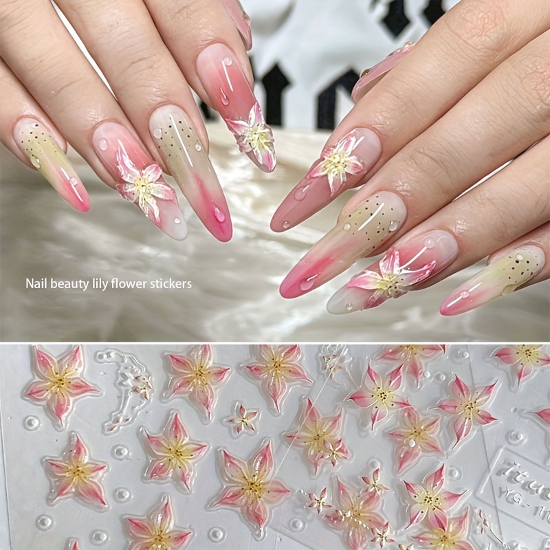 

Lily Flower Nail Art Stickers Decals - 3d Embossed Jelly Flower Design, Glitter Finish Plastic Nail Decor, Self-adhesive Irregular Shape, Plant Theme Single Use Manicure Embellishments