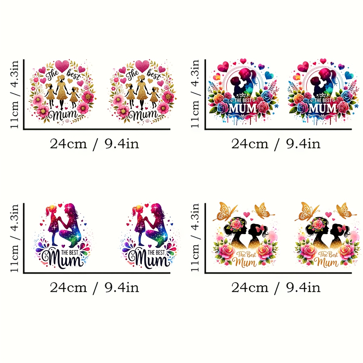 TEMU 4pcs Mom Uv Dtf Transfer Sheets Compatible For Mugs - High Quality & Scratch-resistant Diy Iron- Vinyl With "" Cursive Lettering & Hearts,