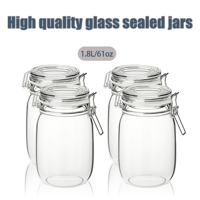 

4-pack 61oz Glass Mason Jars With - Clip-on Closure, Reusable, Leak-proof, Easy Clean, Multipurpose Food Storage Containers For Kitchen, Canning, Cereal, Spaghetti, Sugar, Coffee, Spices