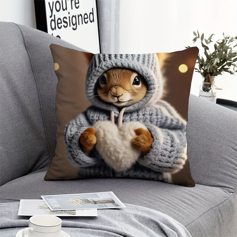 

1pc Cute Squirrel Single-sided Printed Peach Leather Velvet Home Decoration Car Decoration Holiday Decoration Throw Pillow Cover (without Pillow Core)