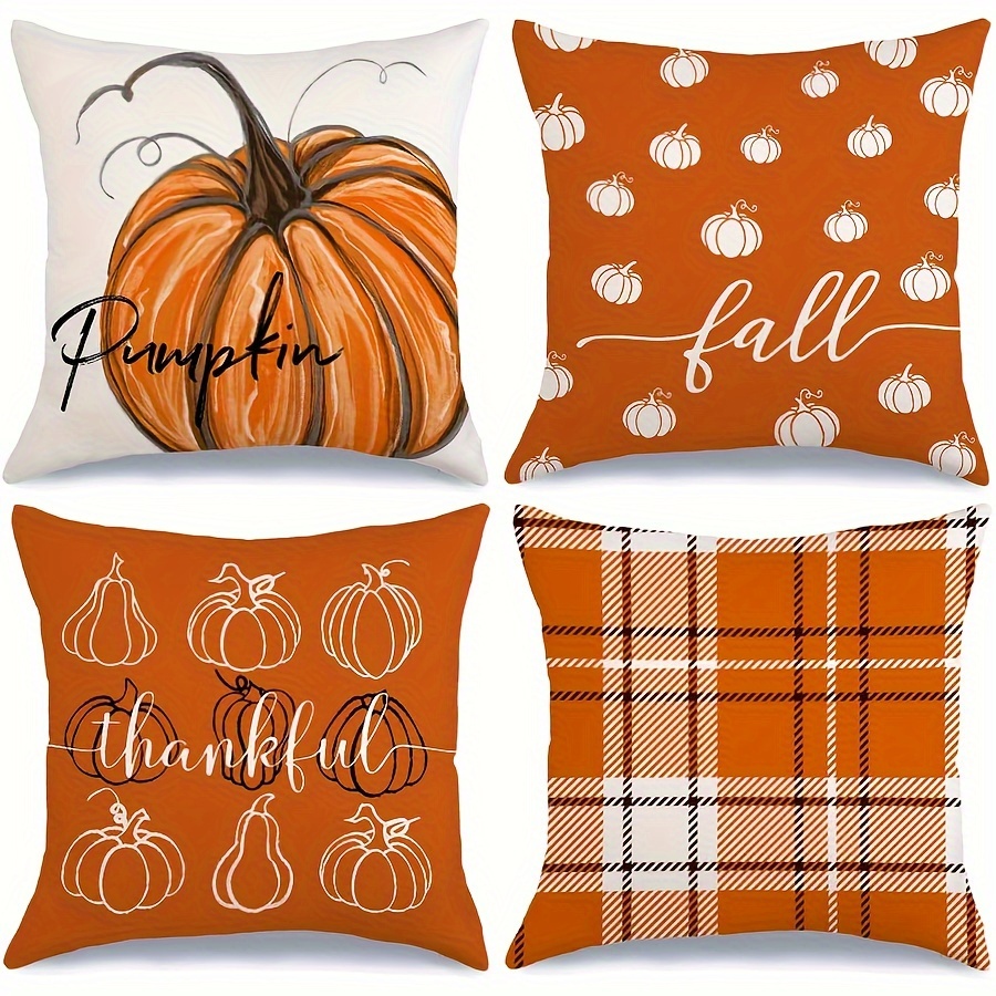 TEMU Rustic Fall Throw Pillow Covers 4-pack, Machine Washable Linen Pillowcases With Zipper Closure, Woven Autumn Decor, Pumpkin & Design For Home