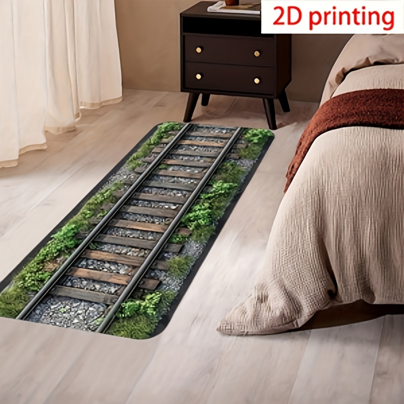 TEMU 1pc Retro Train Track Suitable For Kitchens, Bedrooms, Living Rooms - Soft Machine-washable Carpet With Railway & Green Plant Patterns, Striped