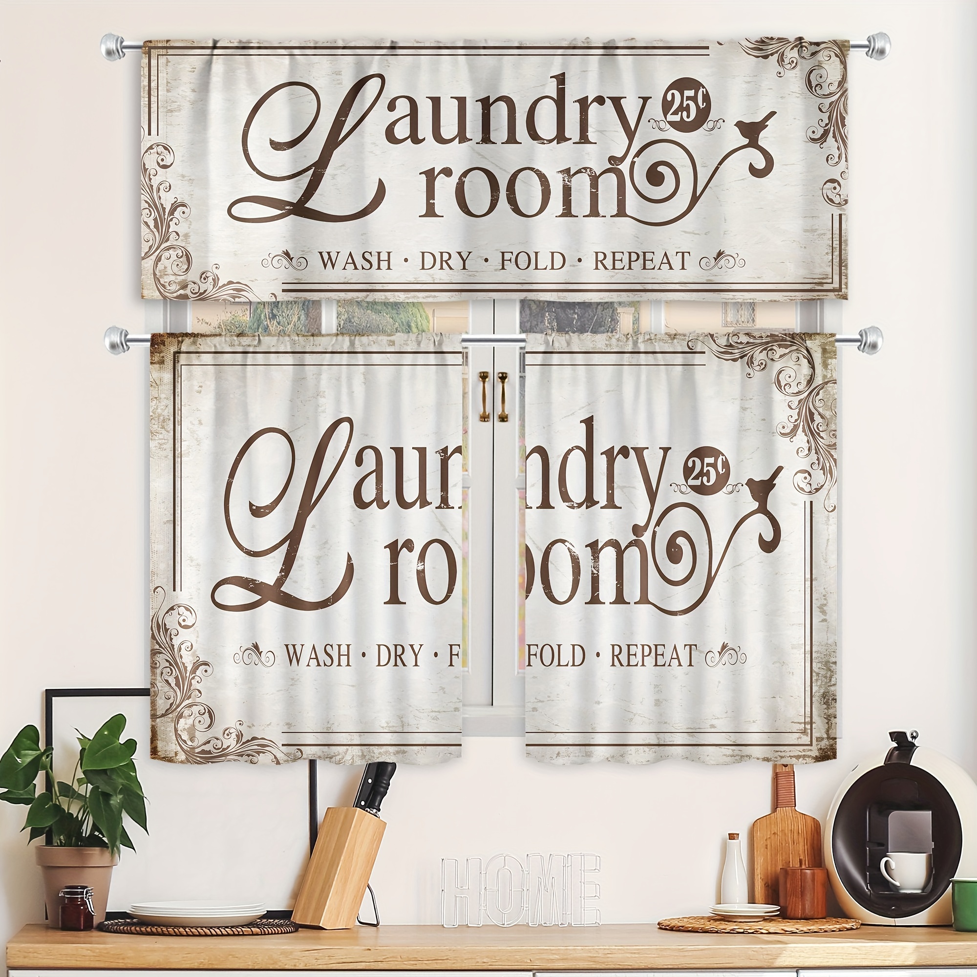 Rustic Laundry Room Window Tiers Curtain Set - Machine Washable, Light-filtering Polyester Rod Pocket Curtains with Pastoral Wood Plank Laundry Rules Design for Home Decor in Kitchen and Laundry Room (1PC/2PCS)