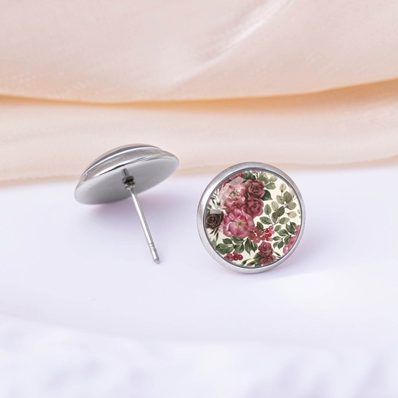 Rose Berry Crushed Floral Pattern Round Stud Earrings, Stainless Steel