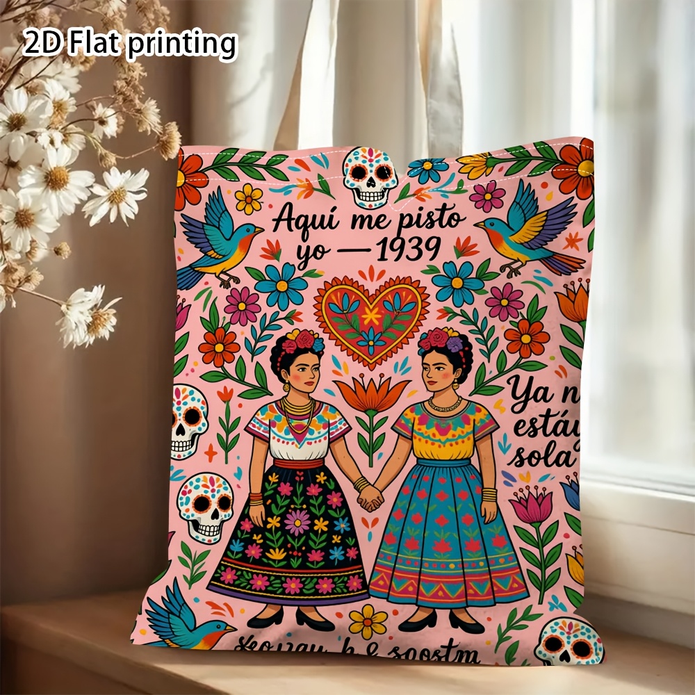 TEMU Tote Bag With Mexican Floral Print Fixed Shoulder Strap Durable Ideal For Daily Shopping Everyday Tote | Vibrant Tote | Canvas Christmas