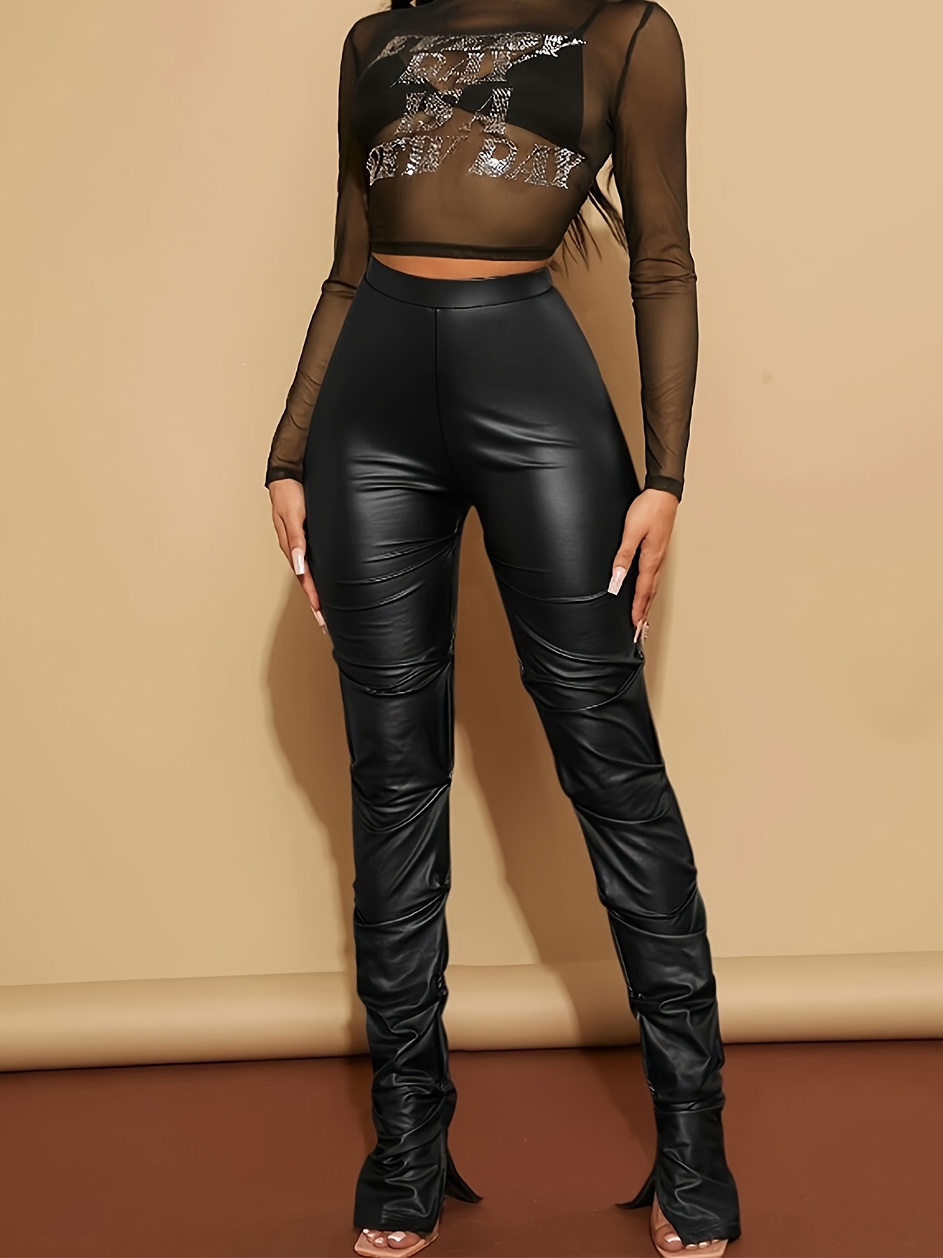 Faux Leather Ruched Skinny Pants Casual High Waist Pants - Temu