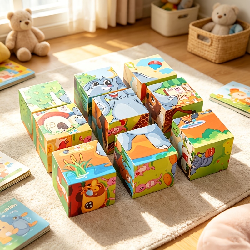 9pcs 1 Set 6 Sides Picture Wooden Block Puzzle, Gift