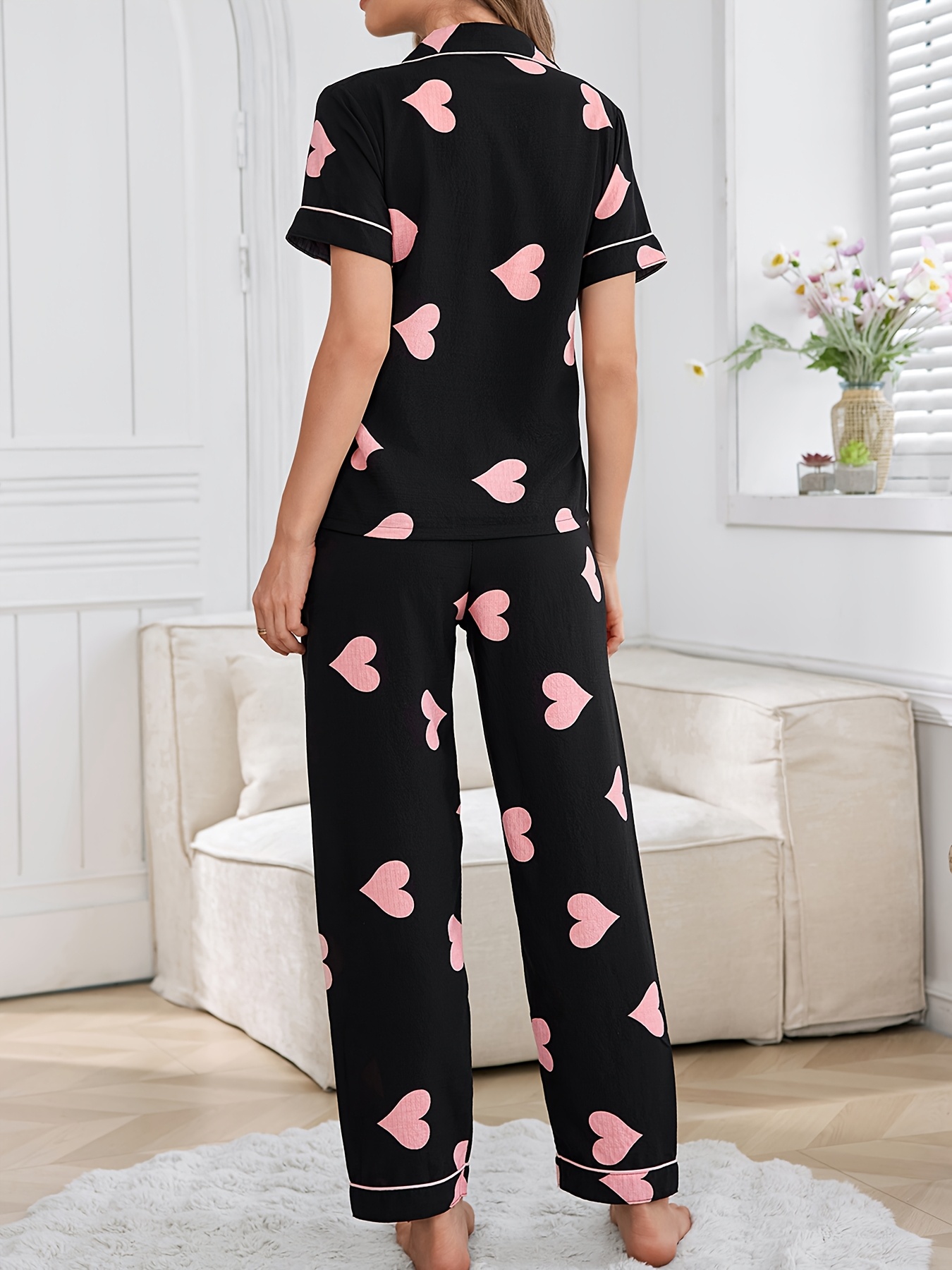 bubble chiffon womens summer pajama set with short sleeves and long pants sweet colorful love print button top and trousers for   in summer Product details 1