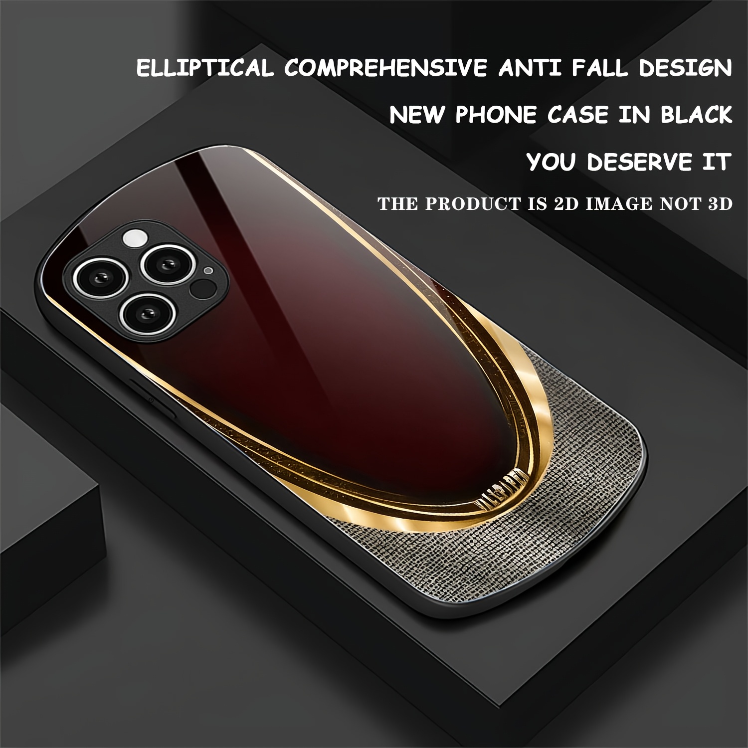TEMU Phone Case: New Oval Black Glass Phone Case With Luxurious And Red Background Pattern, 2d Printed, Hd Drop-proof Protective Cover For Men And