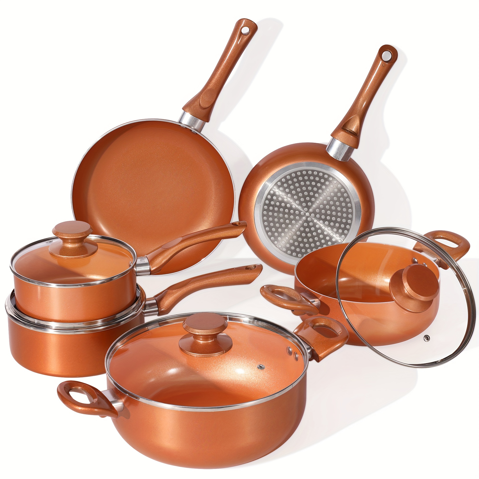 TEMU 10pcs Copper Nonstick Cookware Set, Aluminum Induction Compatible Pots And Pans With Ceramic Coating, Dishwasher Safe, Versatile Kitchen Cookware For All Stove Types