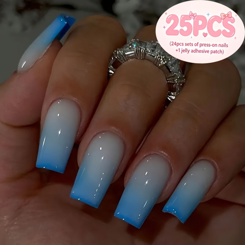 TEMU 25pcs (24pcs Patchs d'ongles portables et 1 Patch adhésif en gelée) Faux ongles pressés carrés de qualité supérieure, Design vertical dégradé à