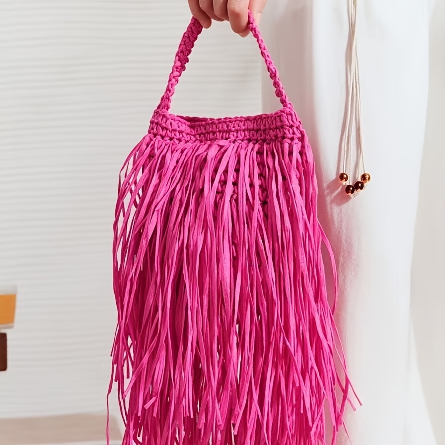 TEMU Borsa a , Borsa da spiaggia , Borsa intrecciata stile estivo, Design con nappe, Adatta per vacanze informali