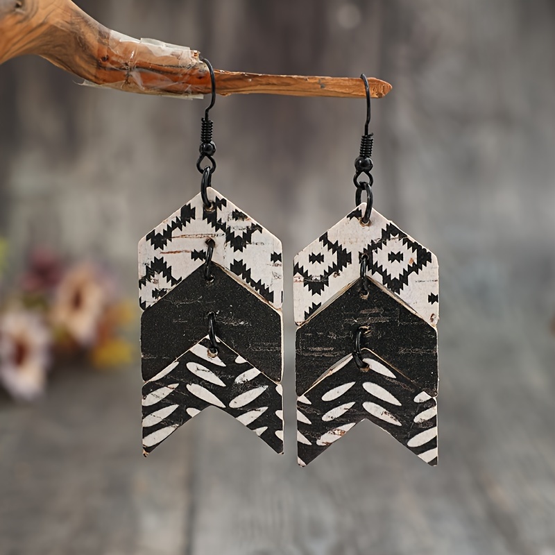TEMU boucles d'oreilles rétro ethniques en liège naturel craquelé, style géométrique multi-pièces, boucles d'oreilles