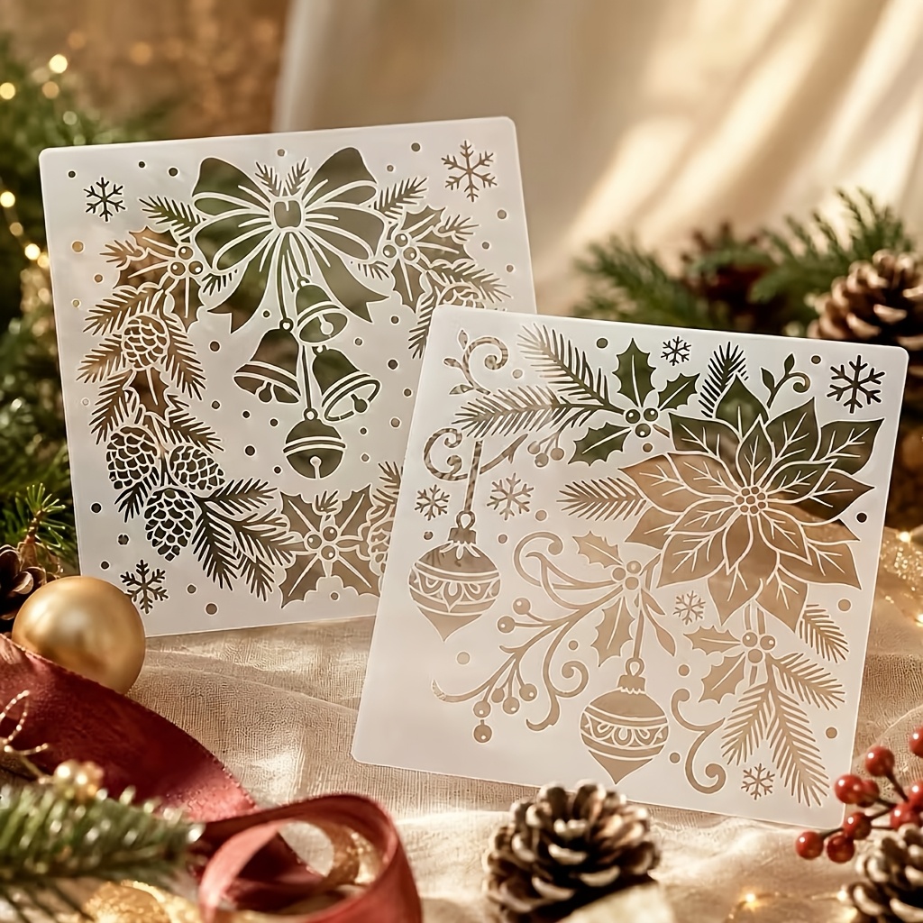TEMU 2pcs Reusable Christmas Stencils Suitable For Crafts - Milky White Translucent Pet Templates With Poinsettia, Bow, Bells, & Snowflake Shapes For