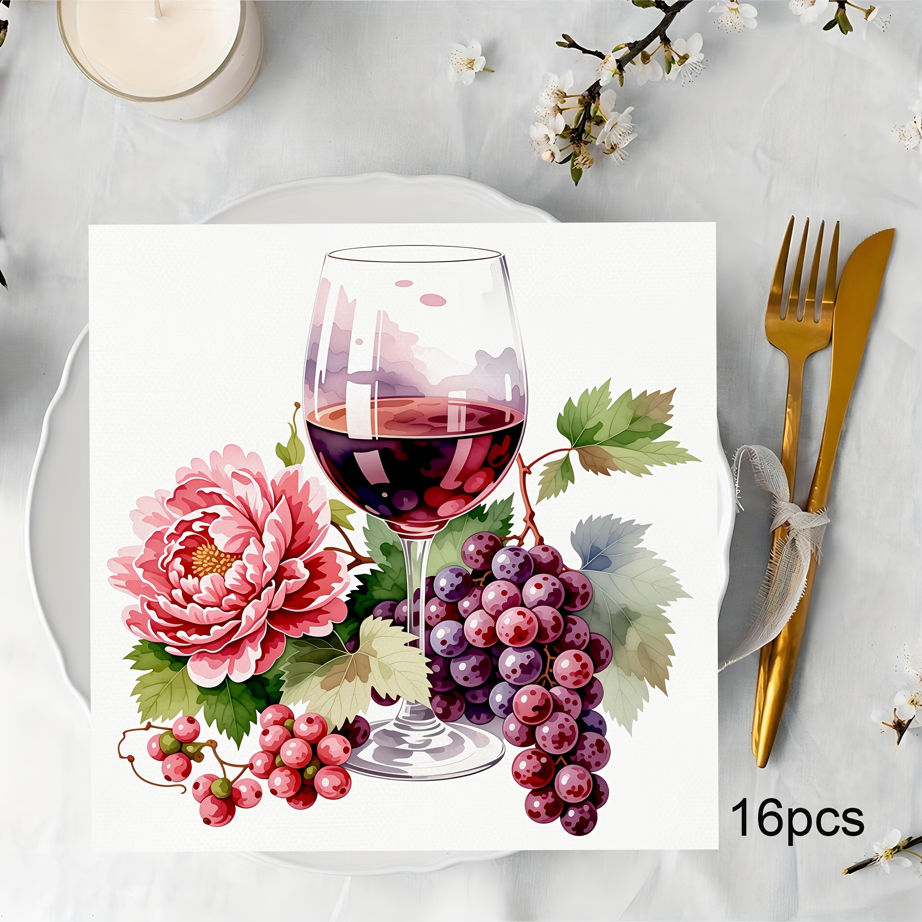 TEMU 16pcs Set Of Painted Wine Pattern Linen--free Napkins, Soft And Absorbent Premium Airline Napkins, 12.5*12.5cm Disposable Thickened Tissues,