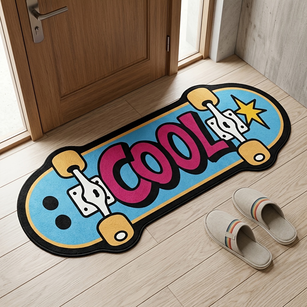 TEMU 1 tapis long avec motif de skateboard et lettres anglaises "COOL", tapis créatif, idéal pour salon, bureau, buanderie, chambre, cuisine, etc.,