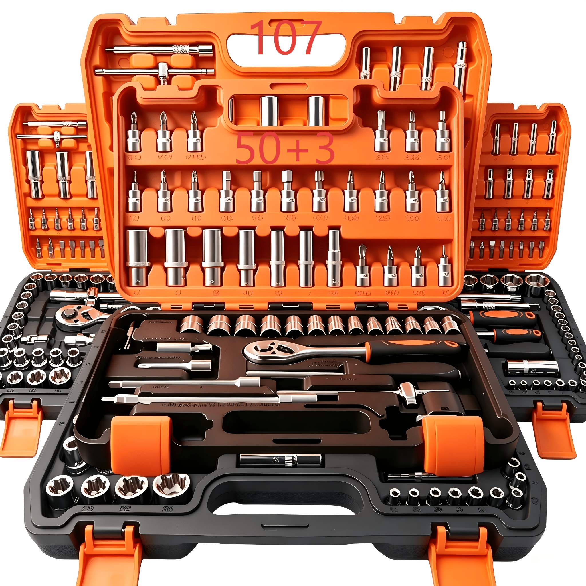 item picture 50 3 107pcs heavy duty socket wrench and tool set   release ratchet extension screwdriver kit suitable for car motorcycle bicycle and   1 4 1 2 3 8 drive professional mechanic tool kit for auto maintenance