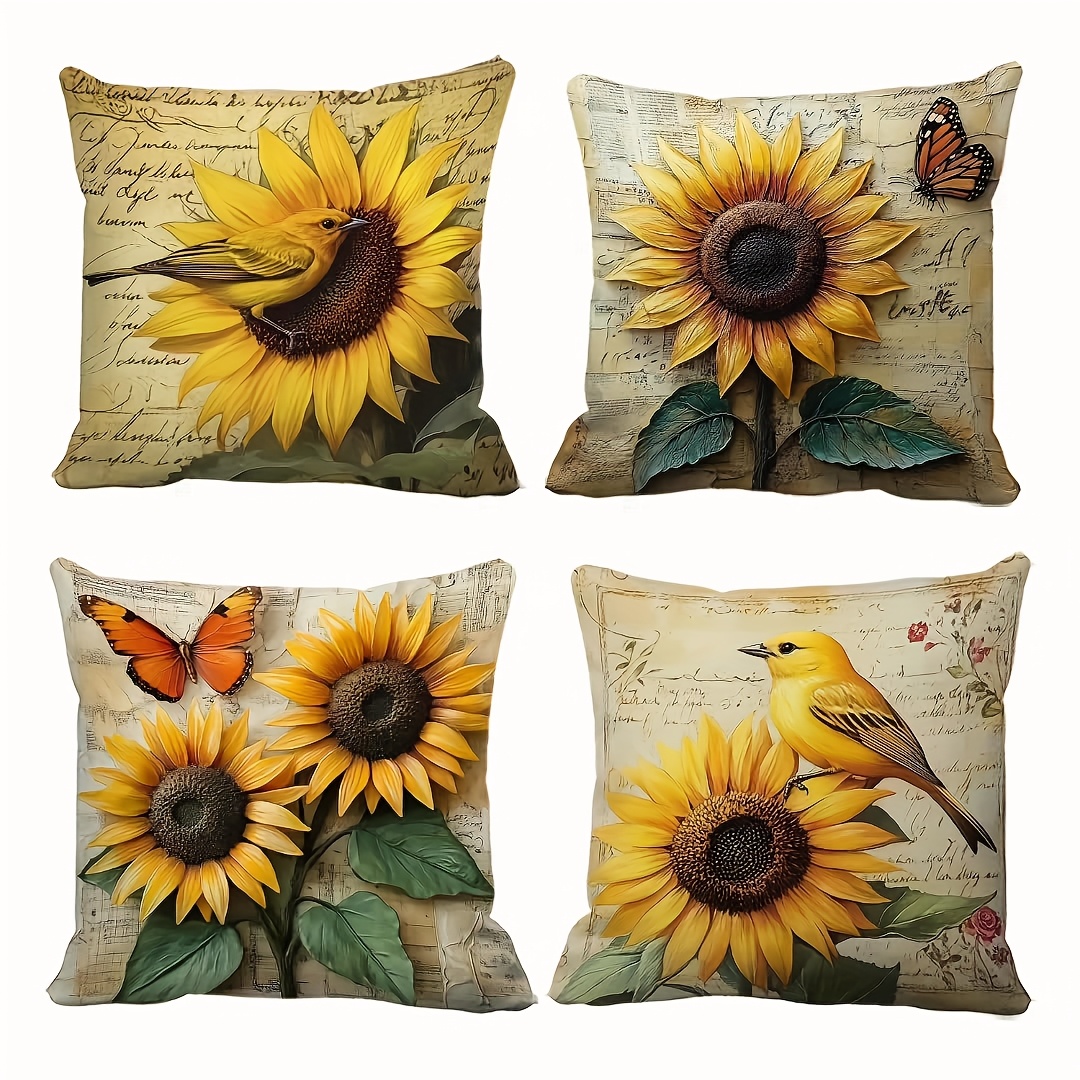 TEMU 4pcs Vintage Sunflower & Bird Pattern Throw Pillow Covers, Double Sided Printed Decorative Cases, Home Decor Pillowcases For Sofa Living Room