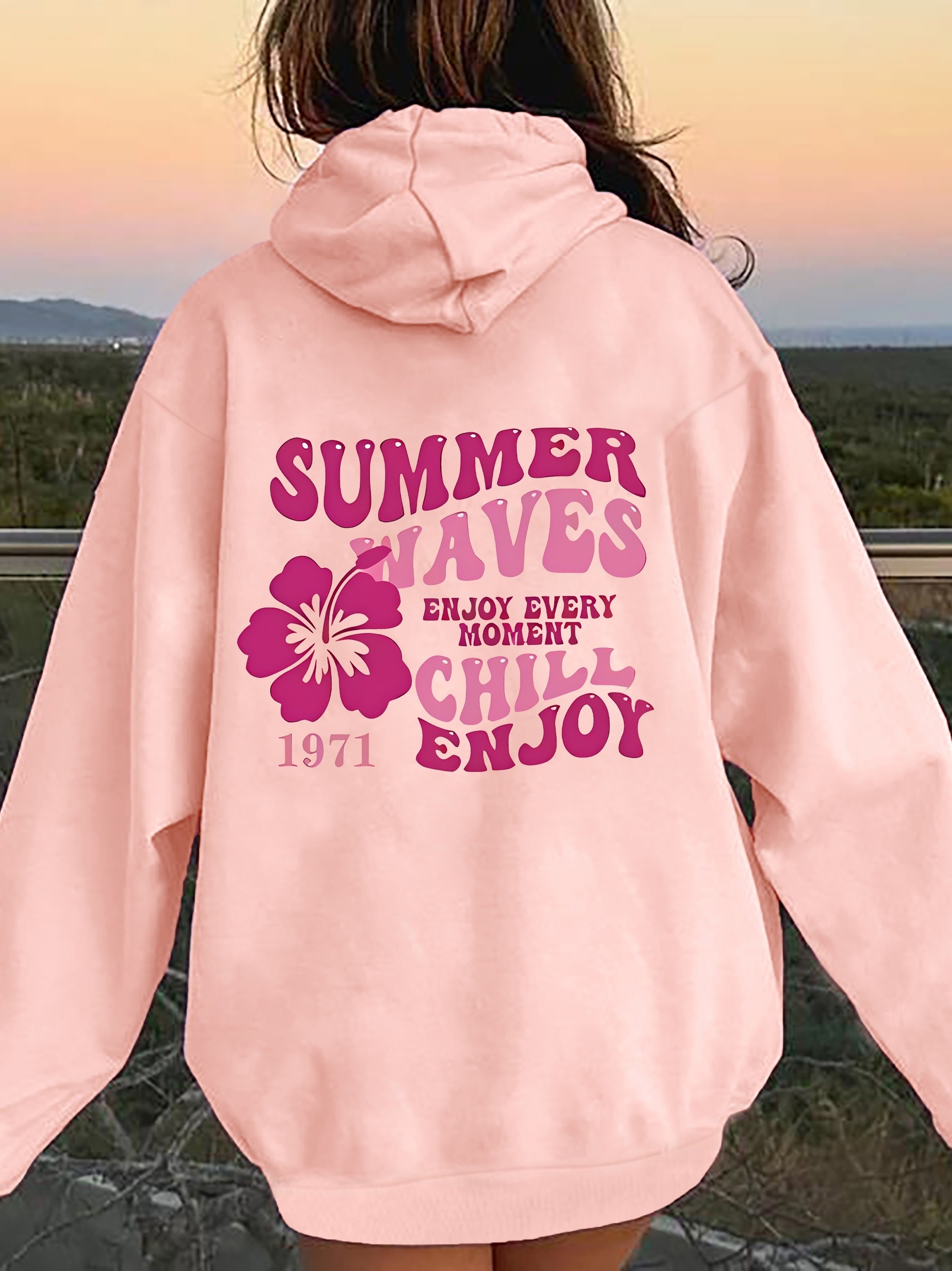 Women'S Casual Hoodie with &*;Summer Has&*; Letter Print Pink Pullover  Sweatshirt, Drawstring Hood, Front Pockets, Lightweight Breathable for