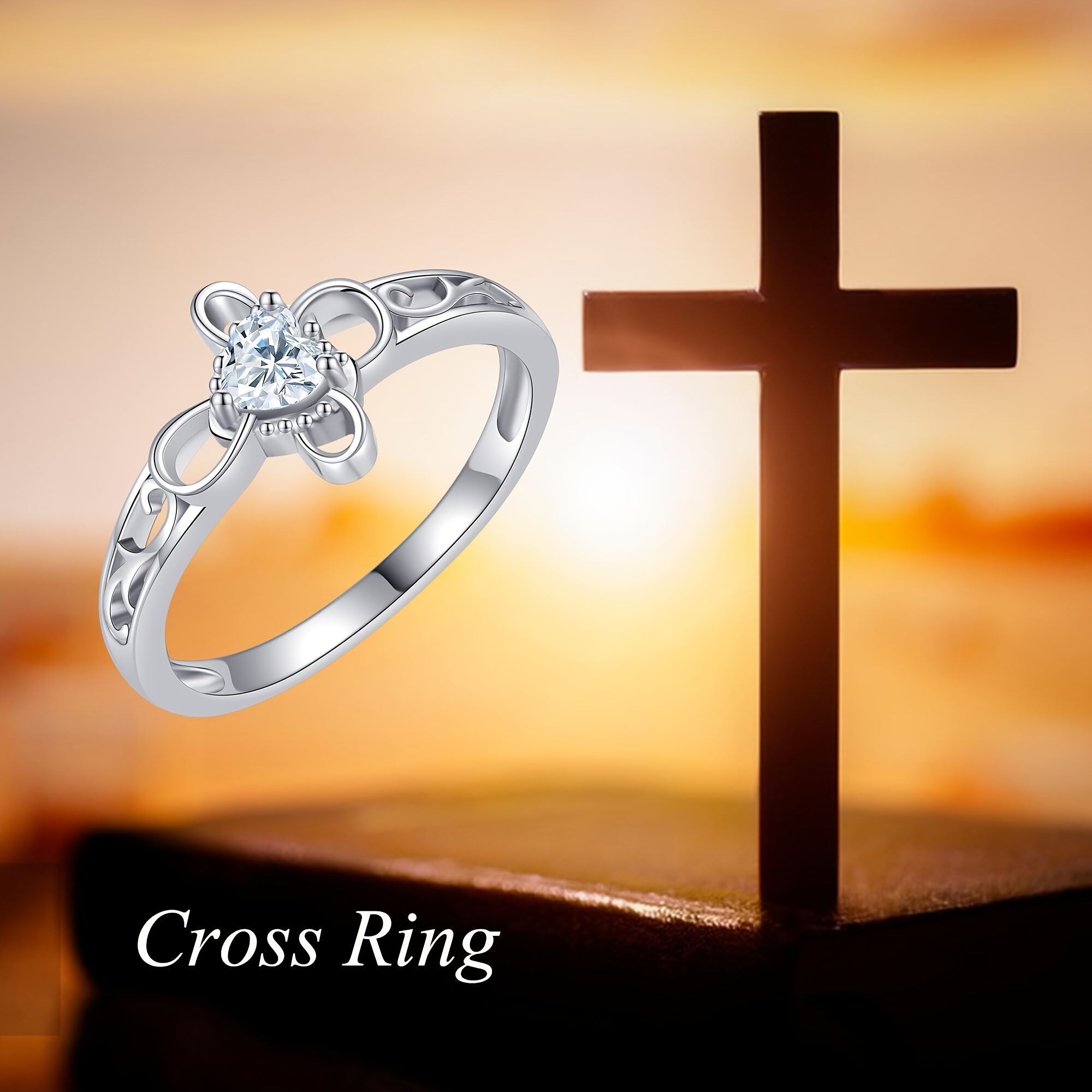 Cross Ring for Women Sterling Silver Heart Faith Ring