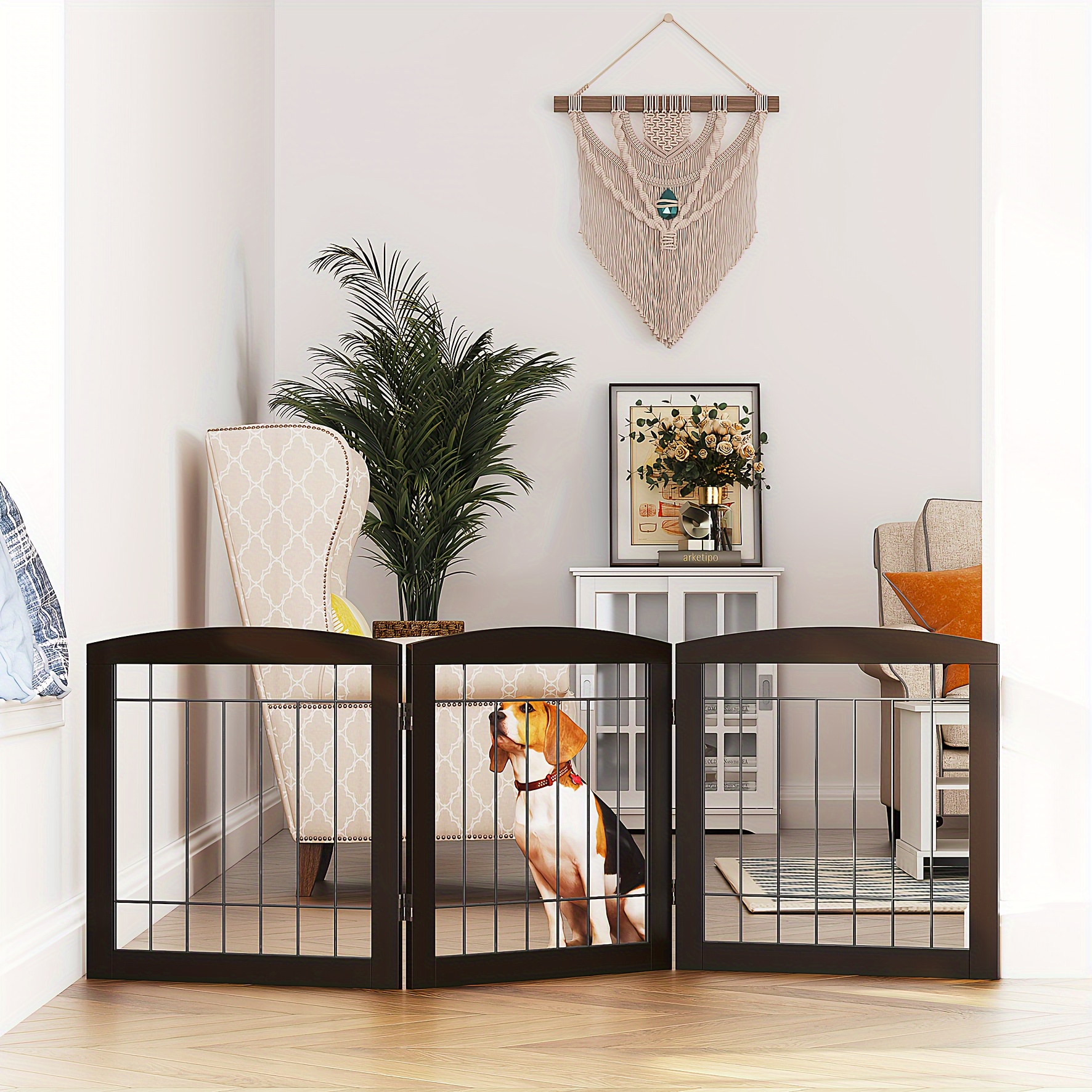 TEMU Free Standing Dog Gates For The House Stairs Doorways Indoor Foldable Wooden Small White Puppy Pet Gate Fence 60" W 24" H 3 Panels