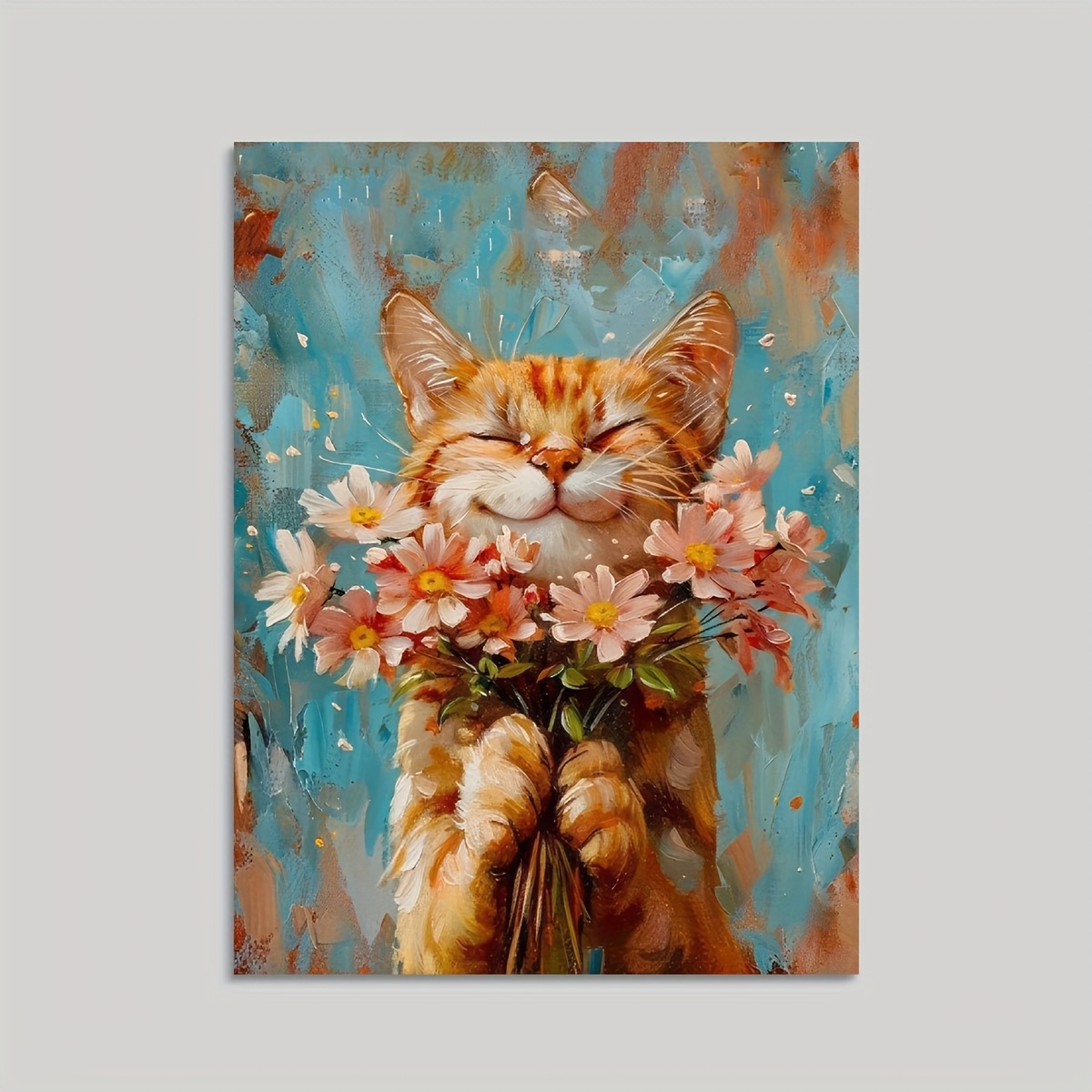 TEMU . ROSERING Rahmenlose Katzen-Wandkunst - Moderne Klassische Art-Deco Vertikale Leinwanddrucke, Lebendiges Oranges Tabbys-Kätzchen mit Blumen,