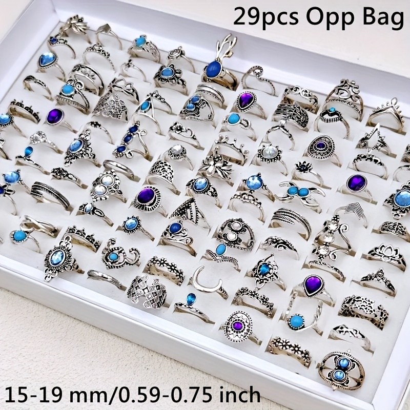 TEMU Wholesale 29pcs/bag Of Stylish Stacked Rings, Vintage Bohemian Drip Oil Women's Ring Set In Silvery And Purple Alloy Material, Sizes 15mm-19mm,