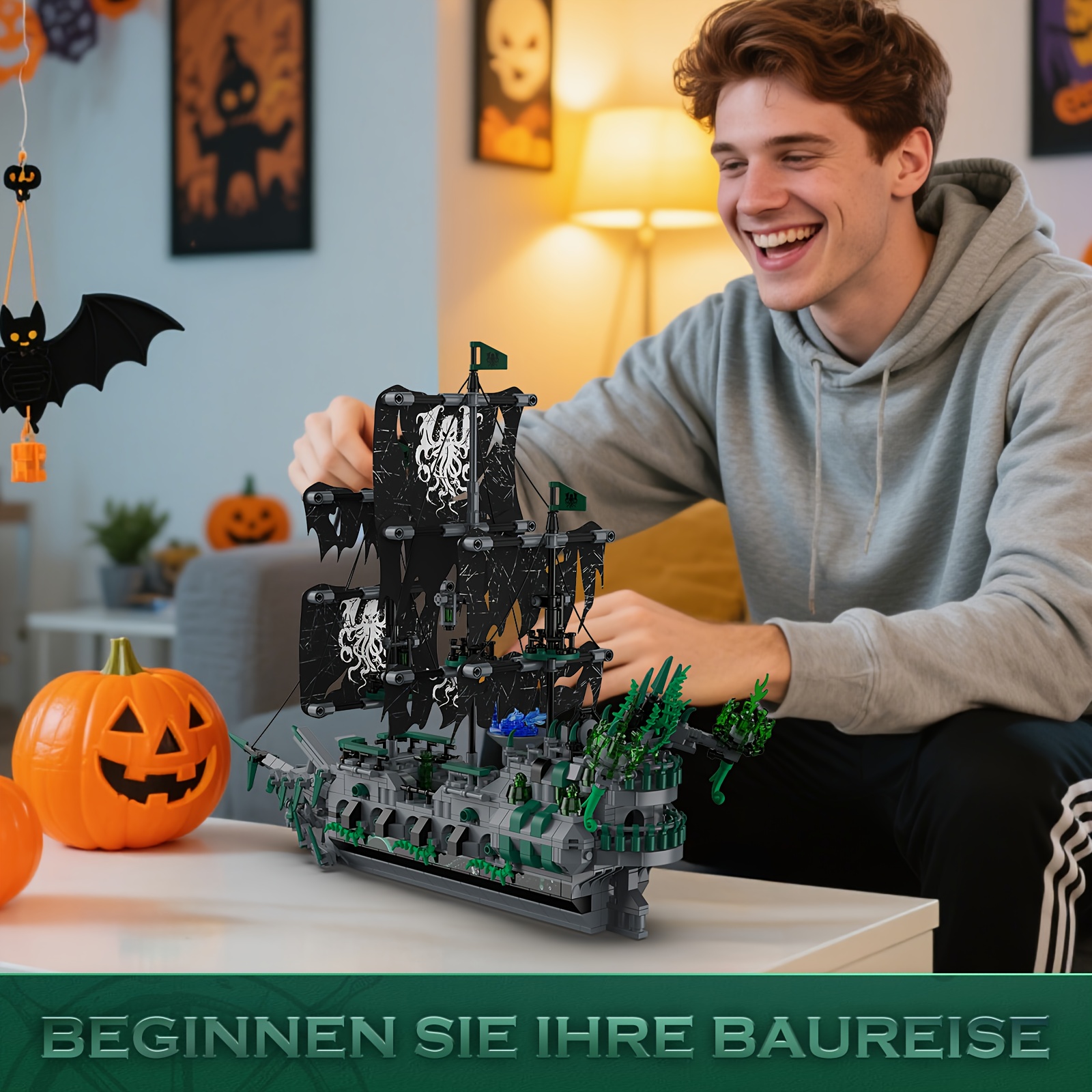 TEMU Pirate Ship Building Toys With Lights, Ship Flying Model Ship Boat 40001, Halloween Christmas Gifts Toy Building Sets