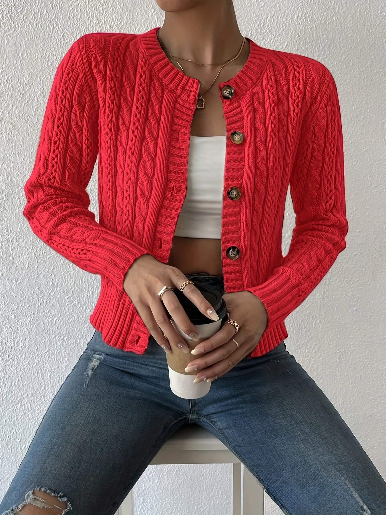 mesh detail cable cardigan sweater | Temu United Kingdom