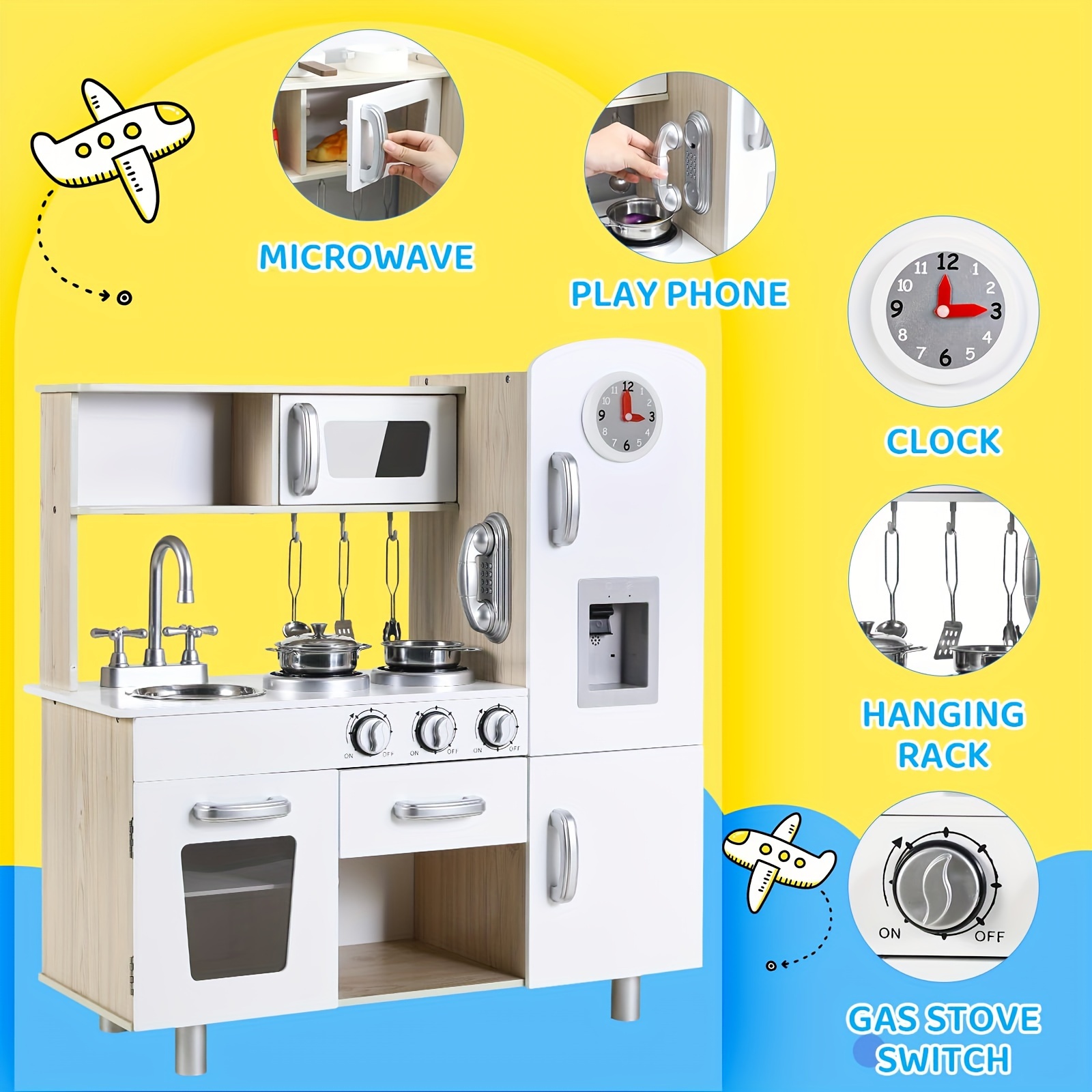 

Wooden Play Kitchen For Kids, Toddlers Vintage Kitchen Toy Set W/pretend Phone, Ice Maker, Modern Realistic Playset Chef W/cookware Accessories, Microwave, Sink, Oven