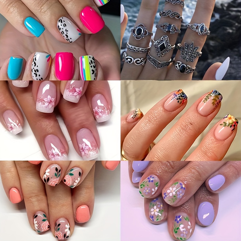 

5packs (120pcs) Short Square Press Nails, Fully Covered Fake Nails, Purple Small / Nails, Nude Square Nails With 11 Vintage Rings To Make You More Beautiful This Season