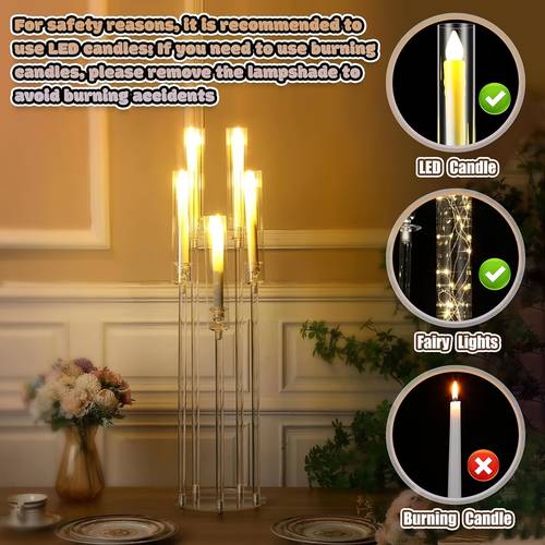 8 set 35 tall acrylic floor candelabra for wedding centerpieces with 40pcs led candles 5 arm clear table candlestick holder with acrylic shade wedding bridal shower party birthday dinner gathering fireplace decor