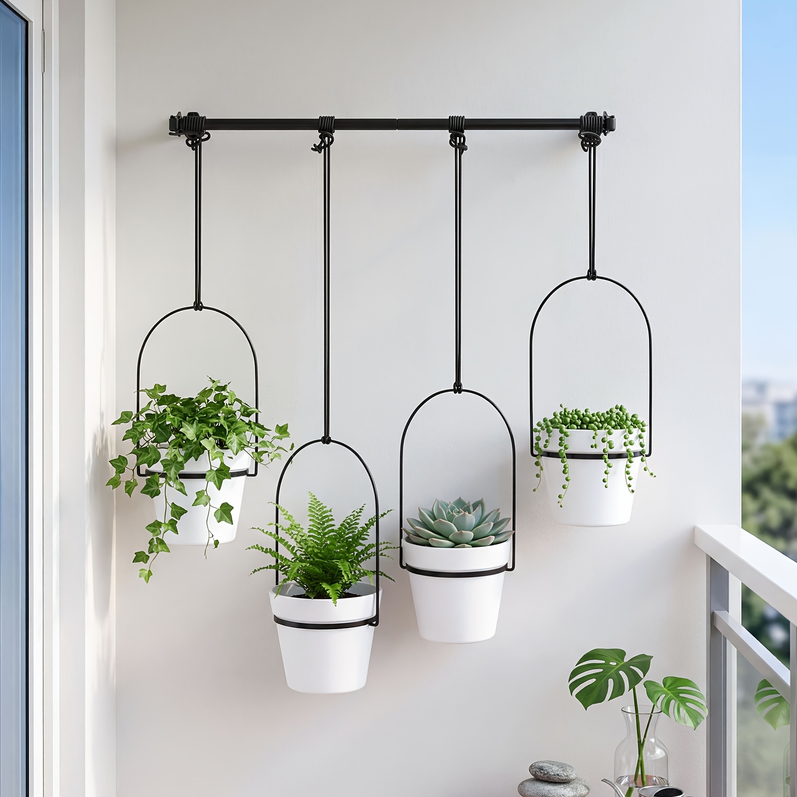 TEMU Soporte colgante para plantas, con 4 macetas de plástico, estante de pared ajustable para plantas + extensible que se a ventanas y , simple de