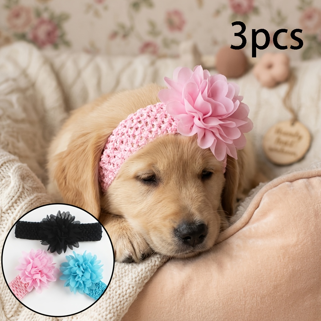 TEMU Ensemble de 3 pièces de tendance européen et américain, accessoires de cheveux mignons pour animaux de compagnie avec fleurs pointues,