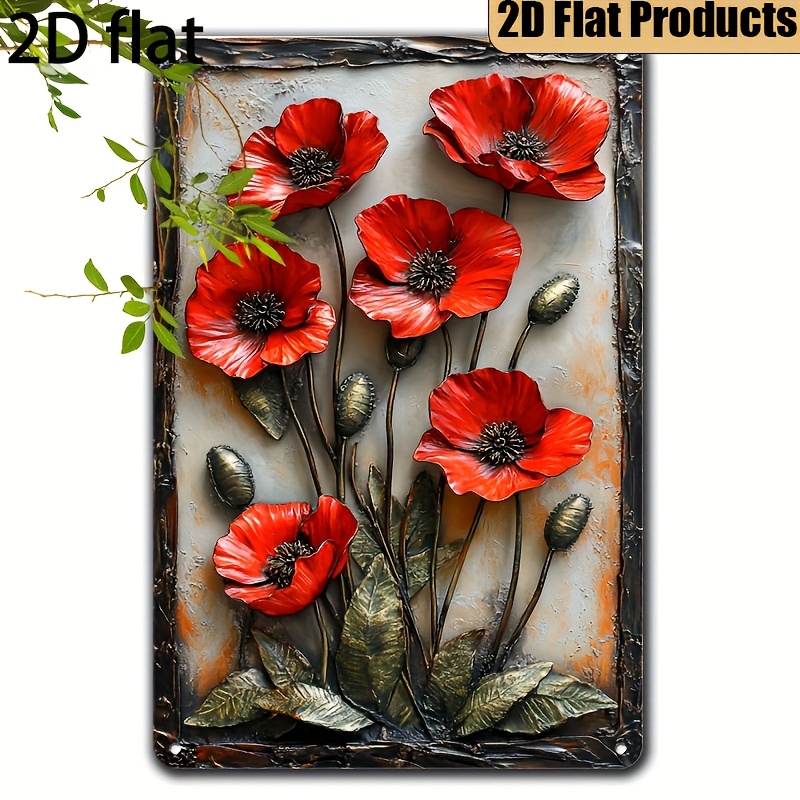 E-shop 2D Flat - Wandkunst aus Metall im Vintage-Stil mit Mohnblumen - 2D Flat Design, rustikale Blumendekoration für Zuhause, Büro oder Schlafzimmer,