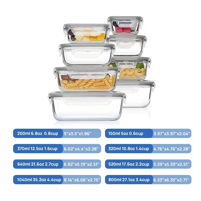8pcs glass food storage container meal preparation sealed bento box with leak proof locking lid used for microwave ovens ovens freezers and dishwashers bpa free Product details 0