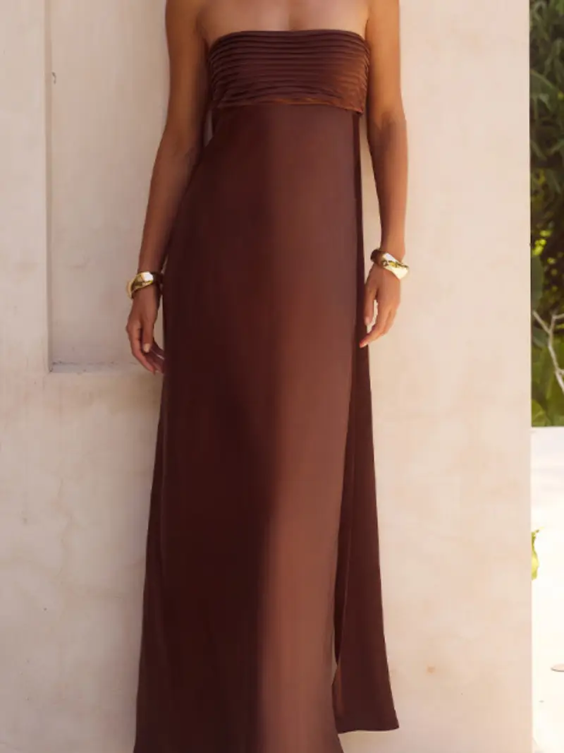 dress tube design women's long satin tube dress solid color low cut strapless pleated design dress - women's clothing