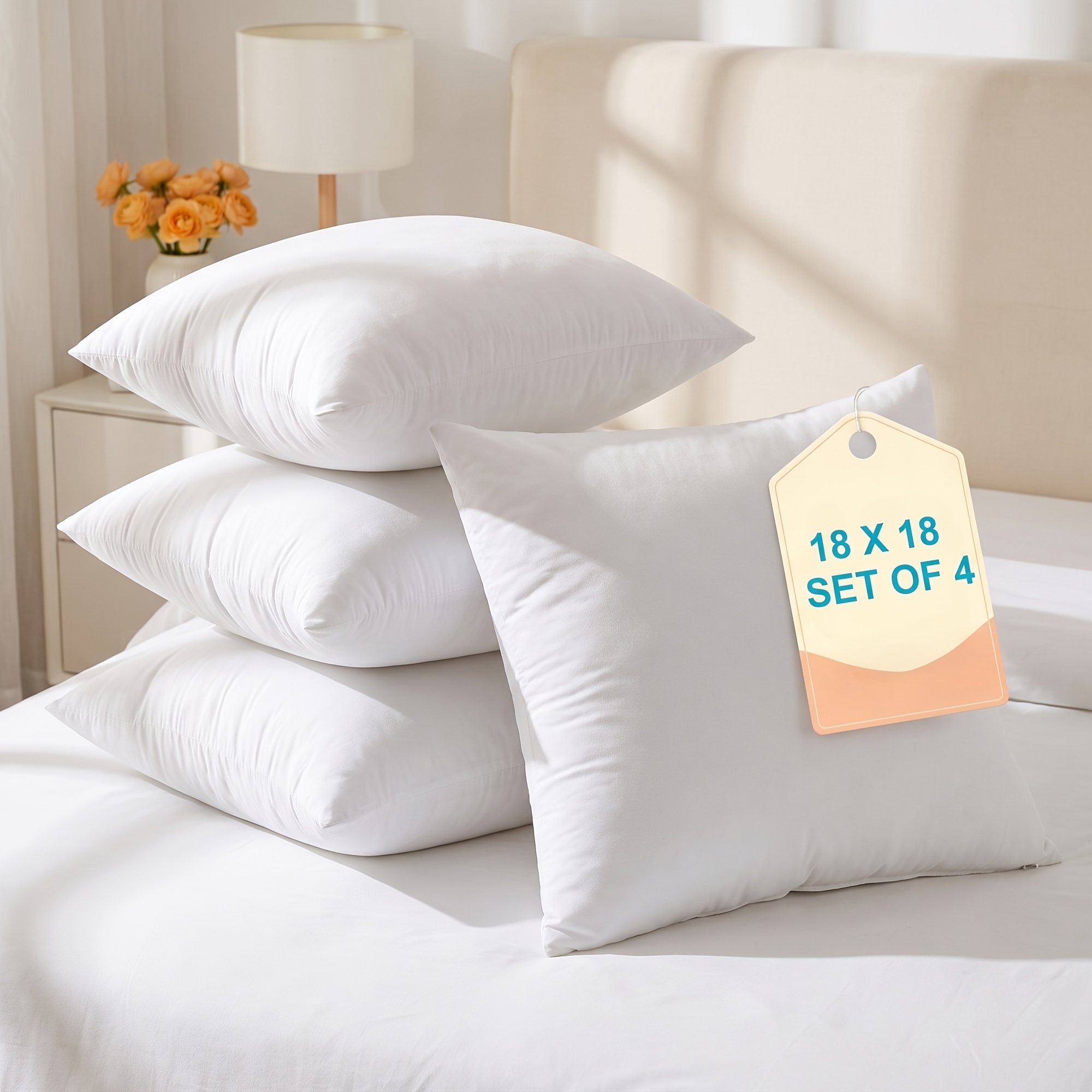 Image of 18x18 Pillow Inserts 4-pack - Firm Support Throw Pillows, Soft Fabric, Perfect For Sofa, Bed & Couch Decoration