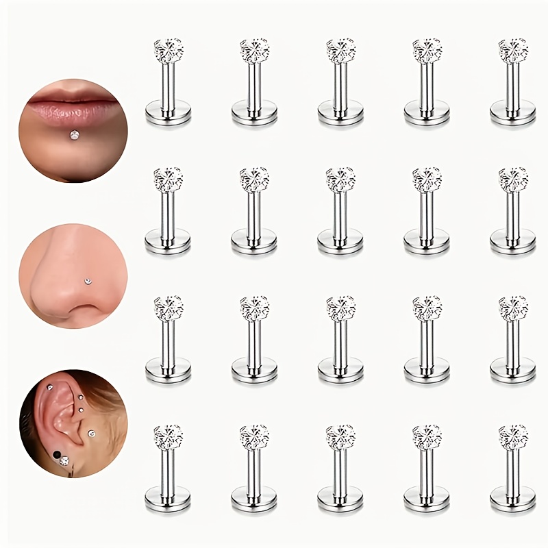 

20-pack Stainless Steel Labret With Synthetic Cubic Zirconia, Elegant Lip Rings Conch Screw Piercing Jewelry For Daily And Party Wear