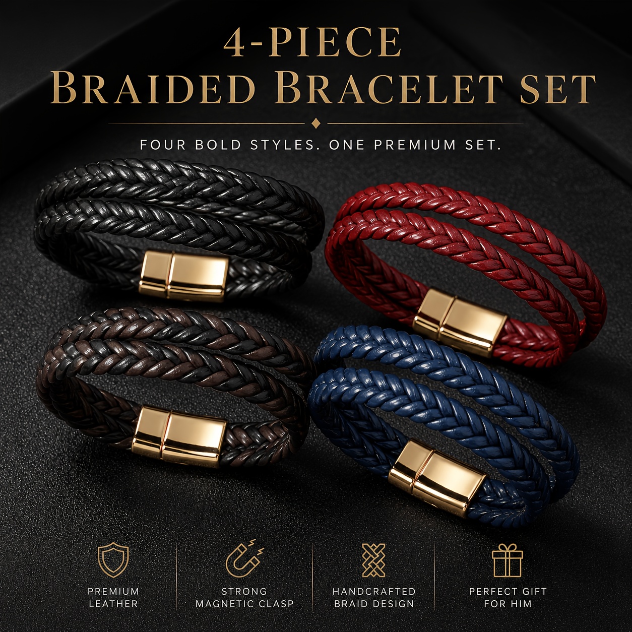 TEMU 4pcs Men's Woven Faux Leather Bracelet Set, Magnetic Multicolor Wristband, Classic Punk Style Men's Bracelet Suitable For , Family Father's Day