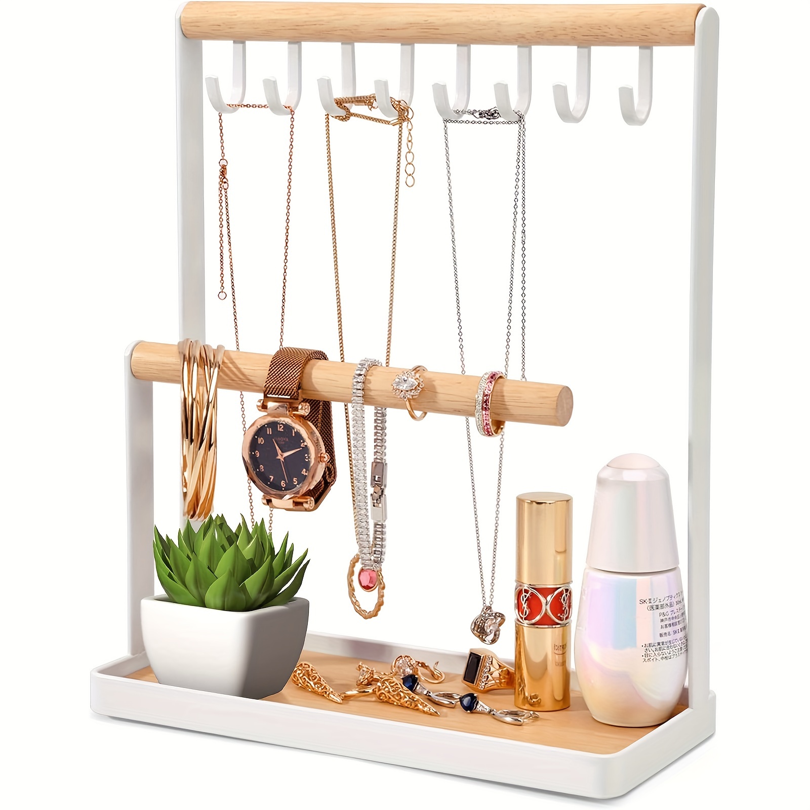 

Portin Jewelry Organizer Display Stand Holder With Wooden Ring Tray And Hooks Storage Necklaces Bracelets, Rings, Watches Metal Desk Organizer Stand