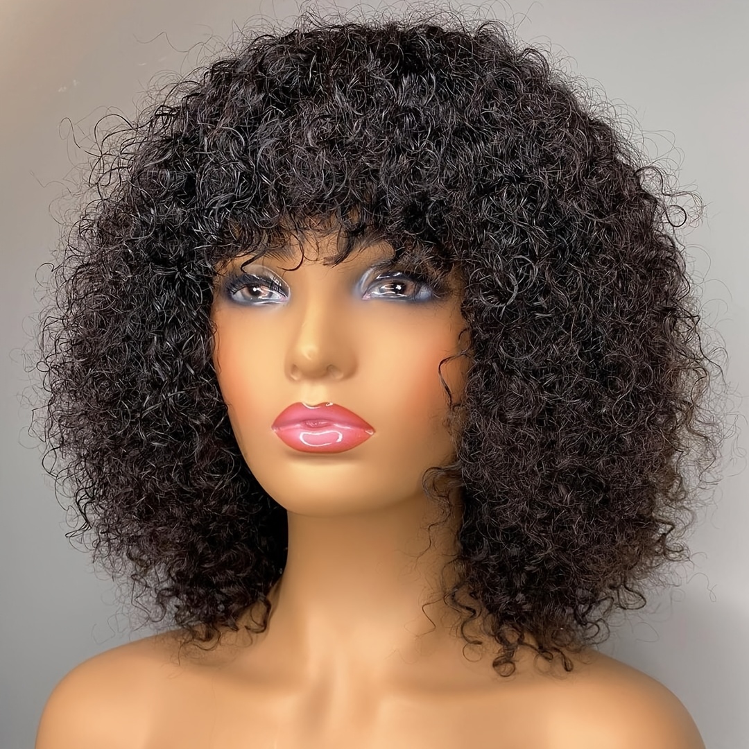 TEMU Short Curly Human Hair Wigs With Bangs Glueless Bob Wig Human Hair With Bang No Lace Wig 200 Density Brazilian Hair Natural Black 14inch