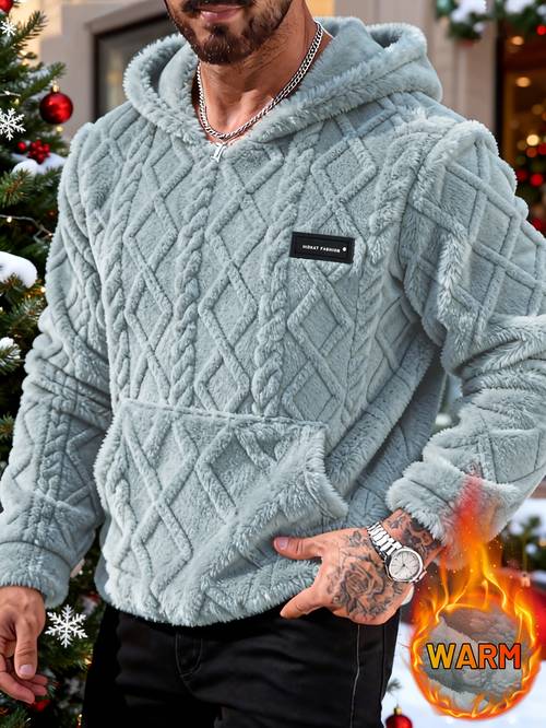 mens plush jacquard fleece hooded sweatshirt casual loose fit long sleeve with pocket ideal for daily