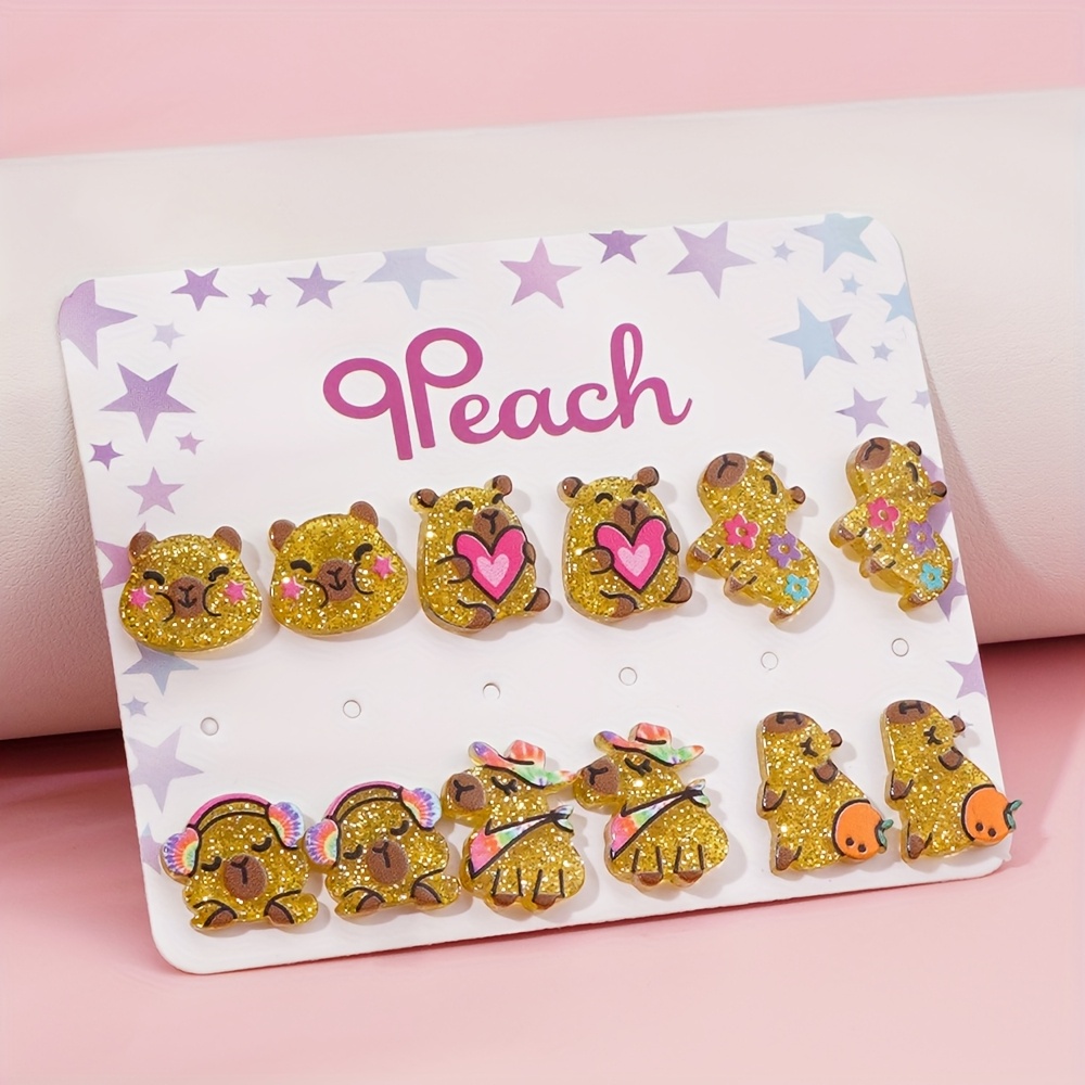 TEMU Ensemble de 6 paires de boucles d'oreilles à clous en acrylique Capybara avec de cœurs et carte-cadeau, accessoires de fête Kawaii pour enfants