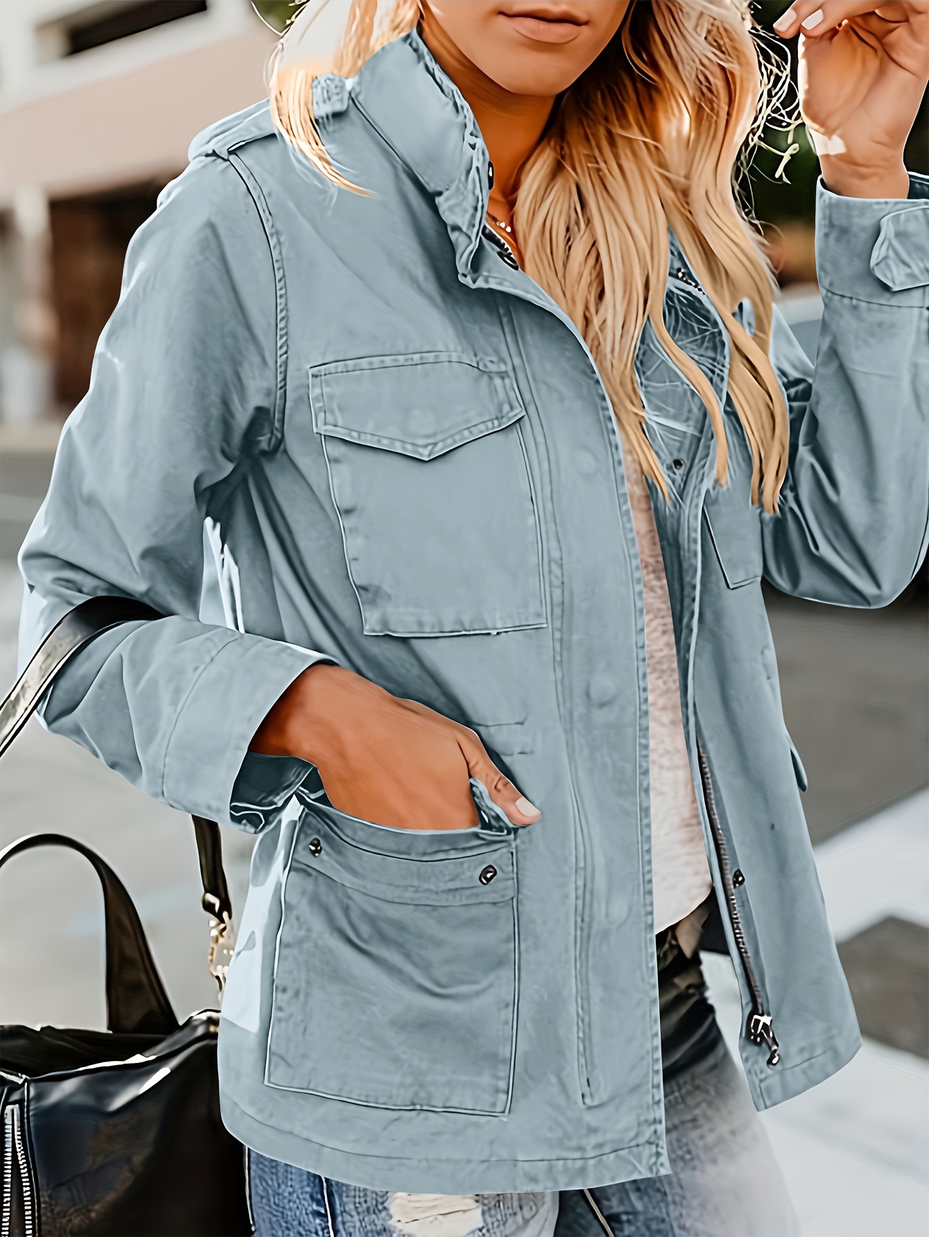 Solid Color Flap Pockets Cargo Jacket, Casual Long Sleeve Outwear For ...
