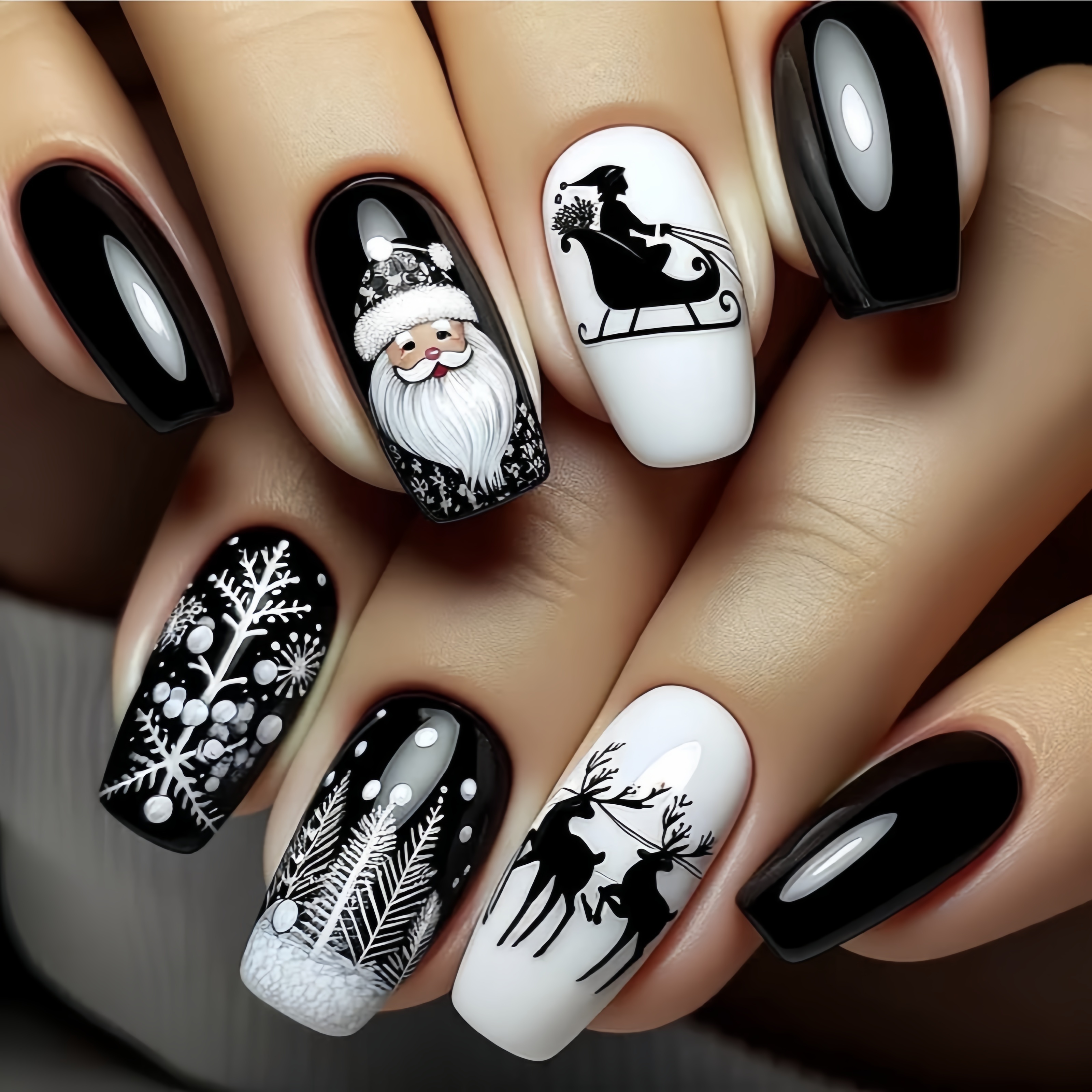 

24pcs Christmas Press-on Nails Set - Glossy Black With Santa, Snowflake & Reindeer Designs - Medium Ballet Shape False Nails For Festive Holiday Manicure