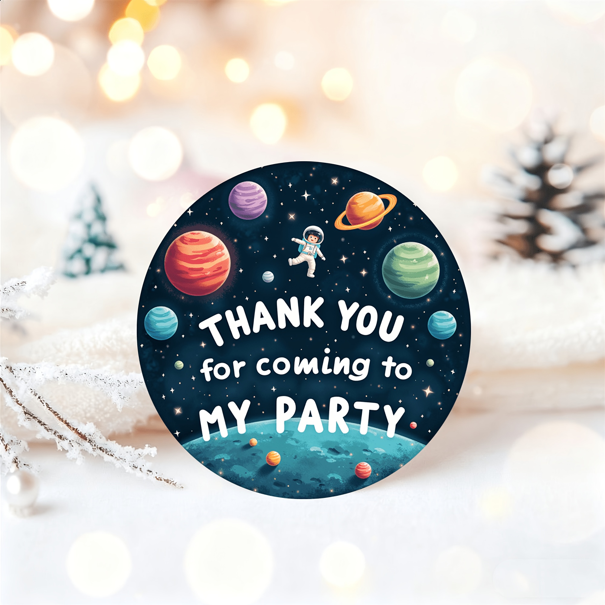 TEMU 60 Round Space-themed Blue Sticker Party Favor Tags With Planet And Astronaut Prints, Featuring The Text "thank You For Attending Birthday