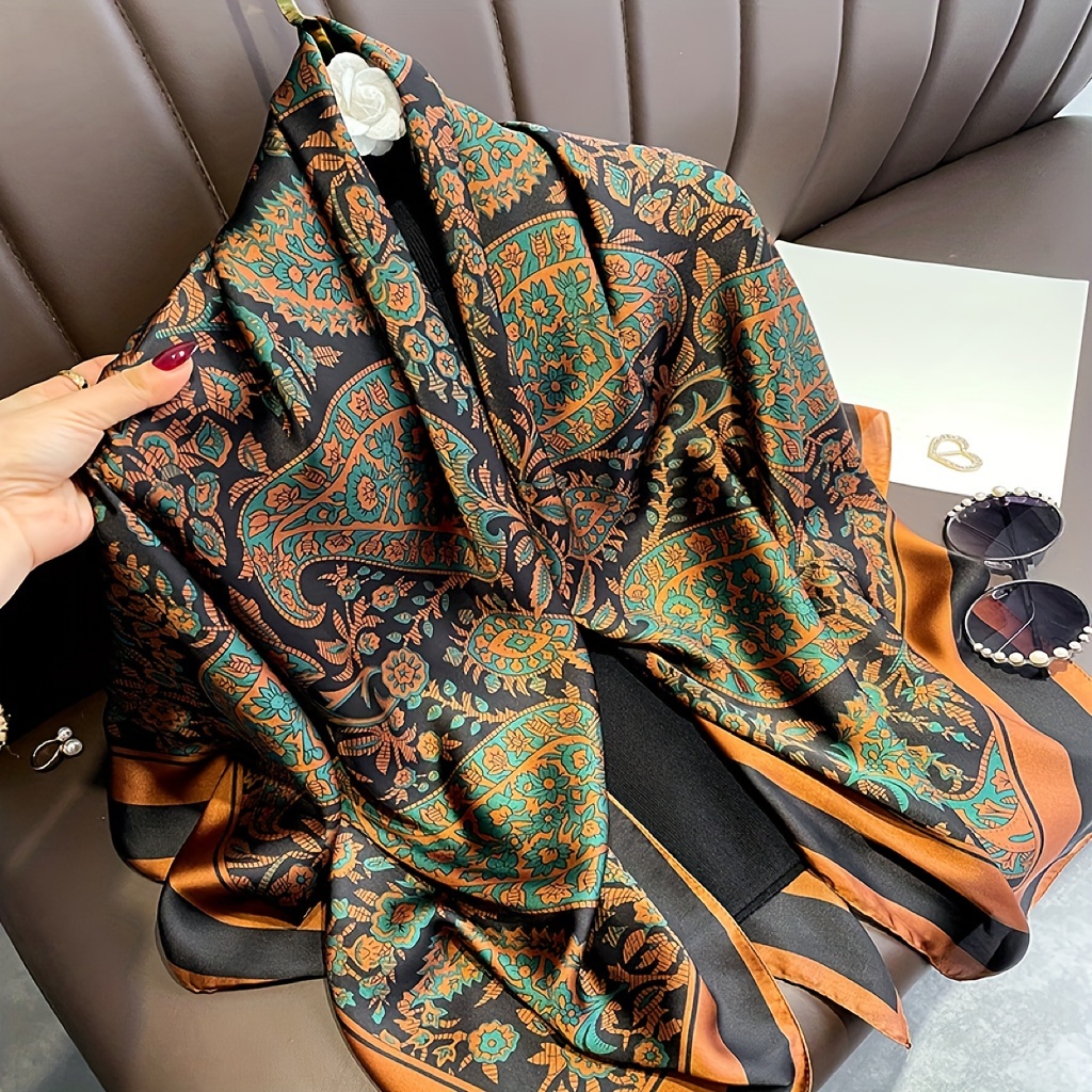 

Coffee Color Paisley Printed Scarf, Elegant Thin Warm Silky Shawl, Spring Autumn Windproof Head Wrap For Women