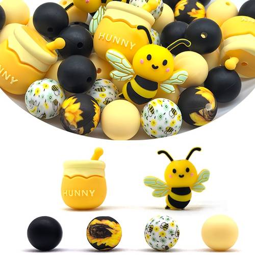 30pcs silicone beads 3d bee themed design with loose round beads printed with sunflower and bee patterns ideal for jewelry craft enthusiasts to make bracelets bag charms phone chains daily decorations and festival gifts