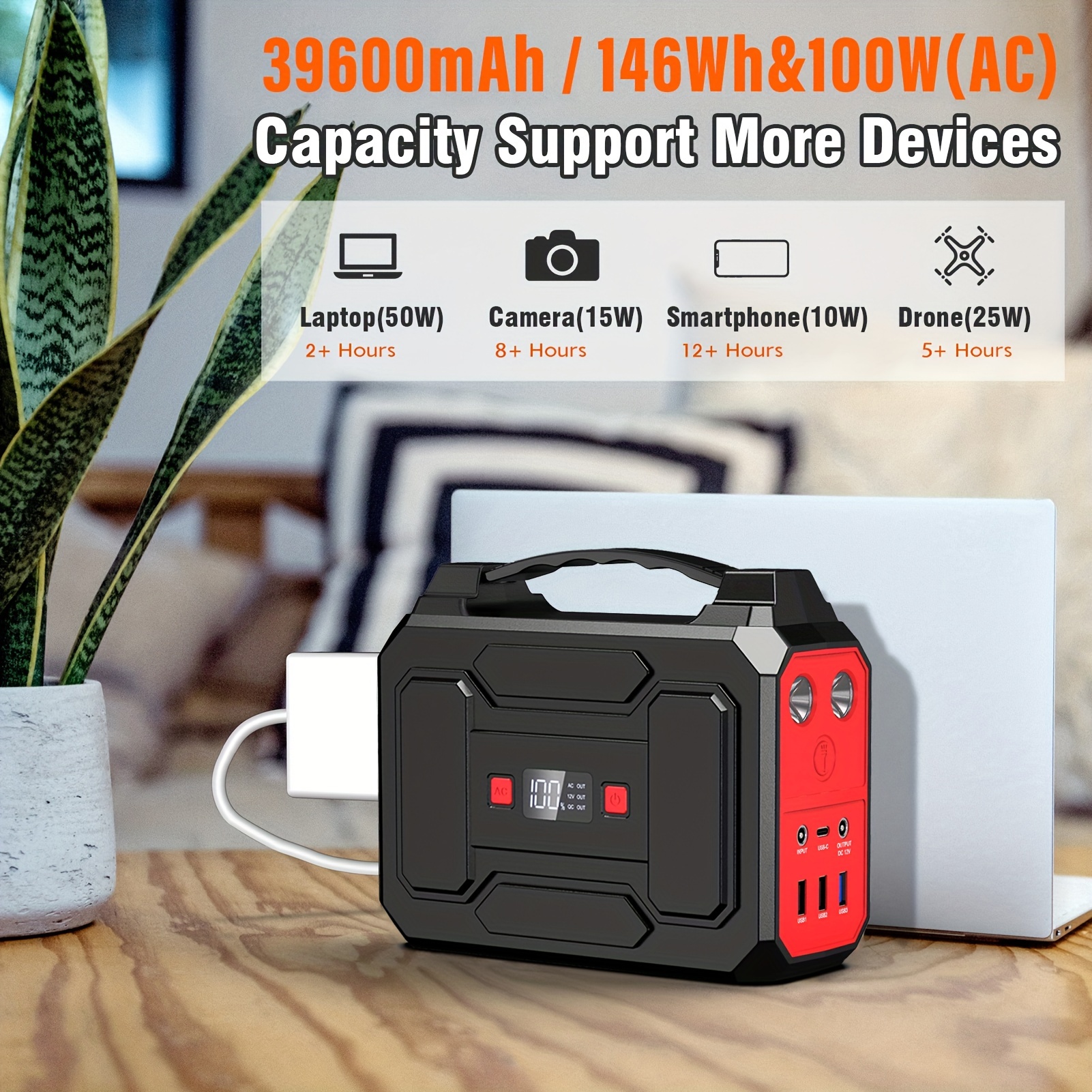 100w 300w rated portable power station solar generator panel   146wh 296wh high capacity battery pack 2x 110v ac outlet   usb c port led   bank for outdoor camping hiking road trip cycling cpap hurricane emergency christmas Product details 4